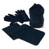 A navy scarf and gloves set, featuring a bag, gloves, and a scarf, all in a soft fabric.