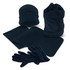 A polar fleece set featuring a beanie, gloves, a scarf, and a drawstring bag in navy blue.