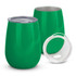 A drink bottle in vibrant green with a stainless steel interior and a clear lid, featuring a smooth, rounded design.