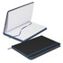 A black notebook with a blue elastic band, featuring lined pages and an open spine. It has a branding logo.