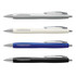 A set of four plastic pens in silver, white, blue, and black, each featuring a silver clip and grip design.
