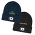 A navy beanie with a headlamp and logo, alongside a black beanie with a headlamp and another logo.