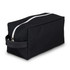A black toiletry bag featuring a sturdy zipper and a side handle for easy carrying.