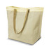 A large market tote bag in beige with yellow trim and sturdy brown handles. It features a logo.
