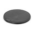 A round, black wireless charger with a smooth surface and a micro USB port.