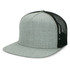 A grey flat peak trucker cap with mesh detailing at the back and a round top button.