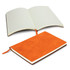 A Genoa Soft Cover Notebook with a vibrant orange cover, open to reveal lined pages and a ribbon bookmark.