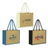 Three jute tote bags in natural, teal, and black, featuring logos and branding on the front.