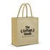 A natural-toned tote bag with two handles and a logo on the front. It has a simple, rectangular design.
