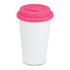 A coffee cup featuring a white double wall design with a vibrant pink silicone lid.
