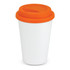 A double wall coffee cup with a white body and a bright orange silicone lid.