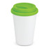 A double wall coffee cup with a white body and a green silicone lid.