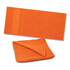 An orange beach towel featuring a textured surface and a woven band along one edge.