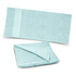 A soft, light blue beach towel displayed flat and partially folded, featuring a textured surface and a smooth edge.