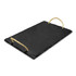 A black slate serving board with rope handles, ideal for serving cheese and other dishes.