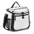 A cooler bag in grey with black accents, featuring a top handle and zippered compartments. It has a mesh side pocket.