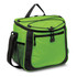 A green cooler bag with black accents, featuring multiple compartments and a shoulder strap. It has a mesh side pocket.