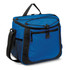 A blue cooler bag with a black trim, featuring zippers and a mesh side pocket. It has a shoulder strap for easy carrying.