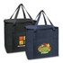 Two insulated cooler bags in black and navy blue, featuring logos on their front panels.