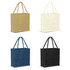 A jute tote bag collection in four colours: gold, cream, navy, and black, each with handles and a logo.