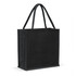 A black jute tote bag with sturdy handles and a simplistic design, featuring a branding logo.