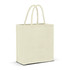 A jute tote bag in a soft cream colour with two handles and a simple design. It features a logo on one side.