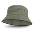 A green bucket hat with a black trim and two eyelets. It has a wide, flexible brim.