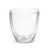 A double wall glass with a clear finish, featuring a rounded design. Includes a logo on the surface.