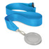 A silver medal with a blank centre, attached to a turquoise ribbon. The ribbon is smooth and shiny.