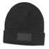 A black beanie featuring a blank patch for customization. The beanie has a cuffed design and a textured knit.
