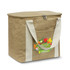 A tan cooler bag with a lid, featuring a zip closure and two sturdy handles, has a colourful logo on the front.