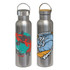 A drink bottle featuring a stainless steel design with a koi fish and wave graphic, and a bamboo lid.