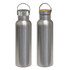 A drink bottle in stainless steel with a sleek finish and a bamboo cap, featuring a handle and a logo.