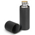 A drink bottle featuring a stainless steel body with a wooden lid, housed in a sleek black cylindrical packaging.