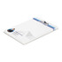 A7 note pad featuring 50 leaves, predominantly white with a blue and grey design and a logo on the top.