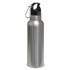 A drink bottle with a stainless steel finish and a black lid, featuring a logo and a carabiner clip.