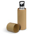 A drink bottle made of stainless steel, featuring a black lid, presented in a cylindrical brown cardboard packaging.