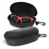 A black hard-shell sunglass case with a zipper, housing bright red sunglasses inside.