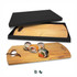 A wooden serving board with a natural finish, featuring sushi, presented in a black gift box.