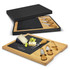 A slate cheese board with bamboo accents and cheese knives, presented in a black box, featuring a logo.