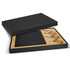 Slate cheese board in a black box with bamboo tray and three wooden-handled cheese knives.