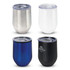 A set of four drink bottles in silver, white, blue, and black, each with a clear lid and branding.