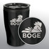 A coffee cup in black with a sleek design and a logo on the front. Features a plastic lid for easy sipping.