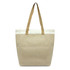 A beige canvas tote bag with brown straps and a logo on the side. Suitable for casual use or shopping.
