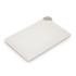 A white vanity card mirror with a smooth surface and rounded corner, featuring a metal accent.