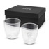 A double wall glass set in clear glass, presented inside a black gift box, featuring a logo on each glass.