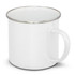 A white enamel mug with a silver rim and a handle, featuring a logo.