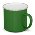 A green enamel mug with a silver rim and a sturdy handle, featuring a logo.