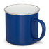 A blue enamel mug with a white interior and a sturdy handle. It features a circular shape and shiny rim.