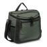 A green cooler bag with zippered compartments, a sturdy handle, and a mesh side pocket. It features a logo on the front.
